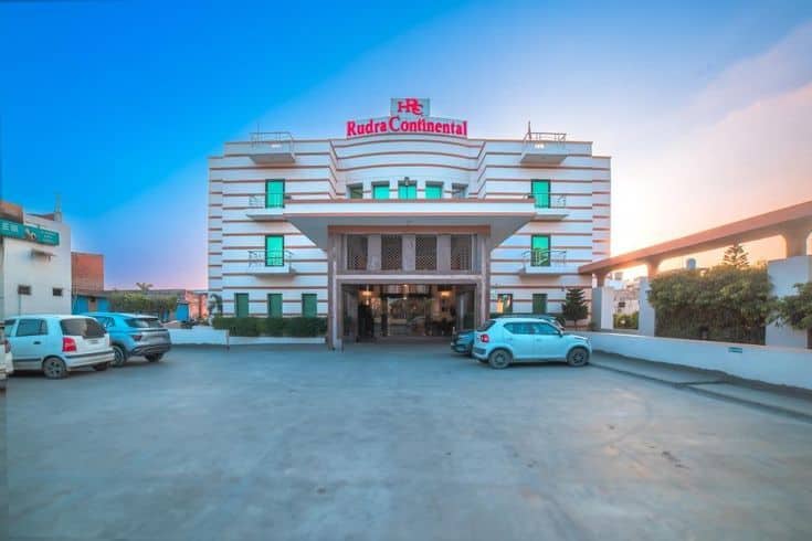 The hotel building photographed at dusk