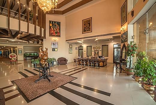 Lobby lounge with a lit aquarium