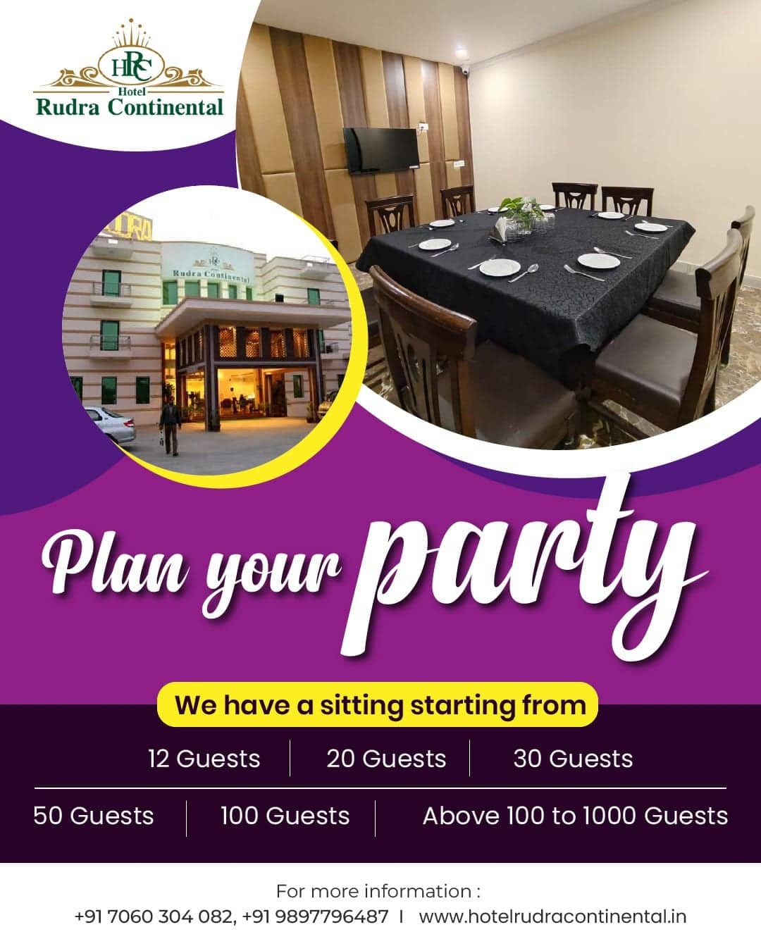 The hotel's own seating-plan chart for private functions, showing set-ups from 10 guests to 150–1000 guests